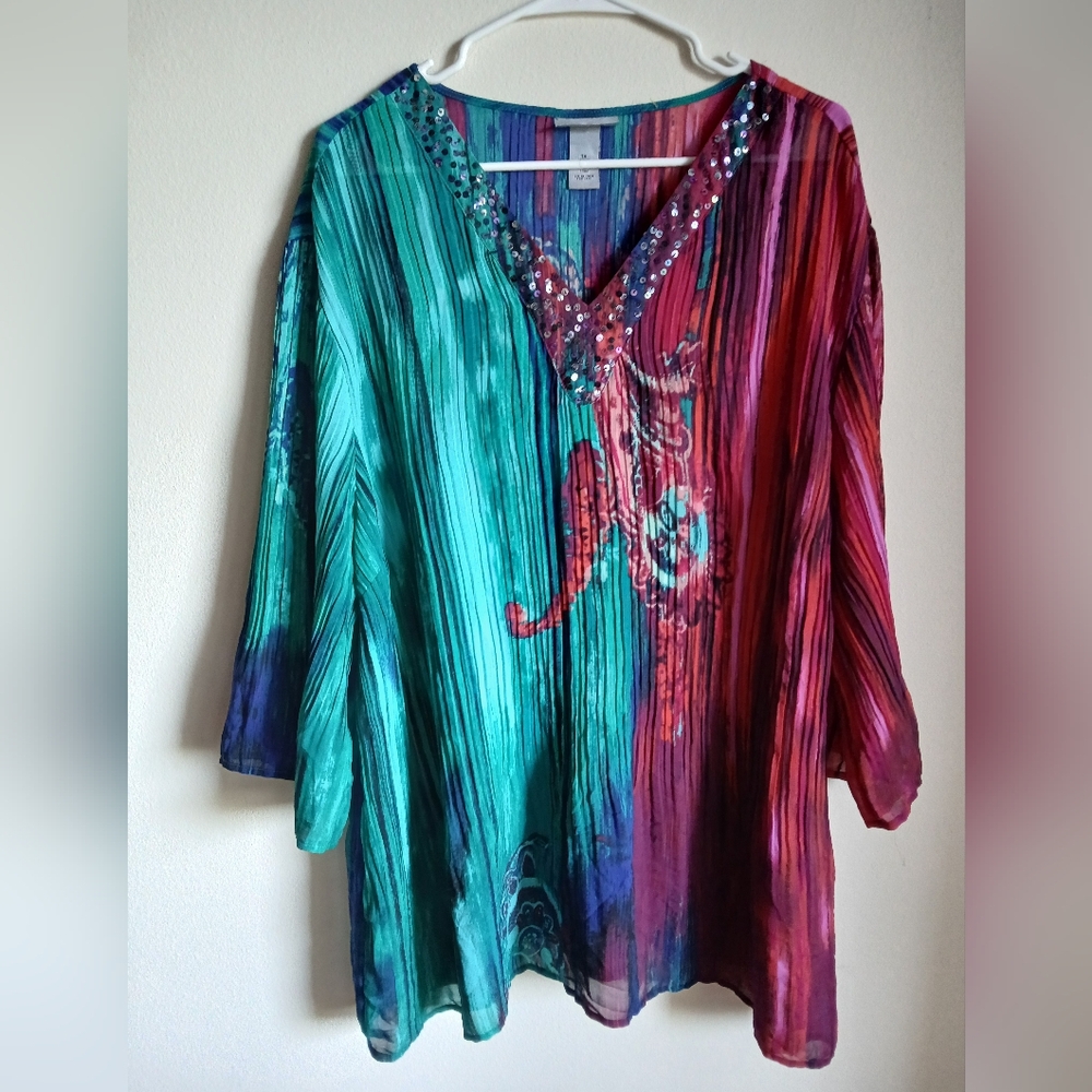 Catherines Accordion Pleat Tunic Sequence V Neck Blouse FLAW See description